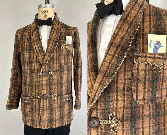 1930s European Affair Smoking Jacket | Vintage 30s Camel Wool Lounge Robe with Forest Green and Brown Plaid and Braided Trim  | Small/Medium