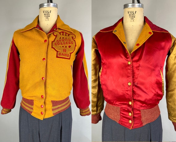 1950s "Austin College Band" Letterman Jacket | Vintage 50s Red & Gold Reversible 2-Tone Cotton Sateen Sports Collegiate Coat | Small/Medium
