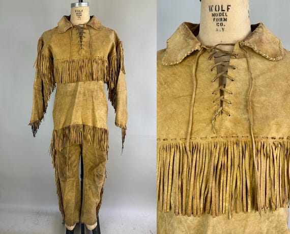 1800s Buffalo Bill Pioneer Set | Antique Historical Wild West Frontier Leather Shirt & Trousers Suit with Fringe and Antler Buttons | Large