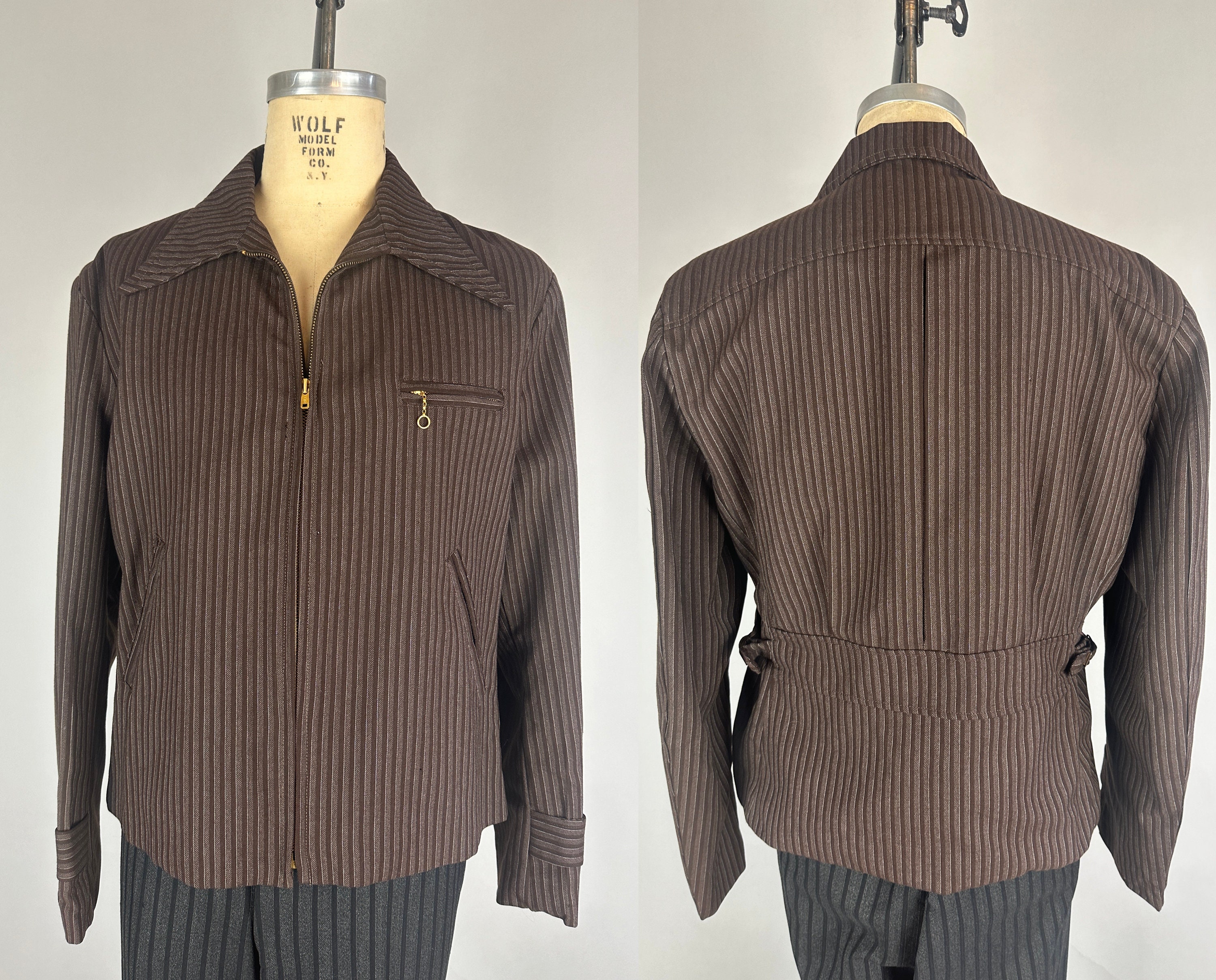 Real Vintage Search Engine 1940S Chic Stripes Cinch Jacket  Vintage 40S Brown  White Wool Striped Coat WBox Pleat Belted Back  Side Buckles LargeExtra Large Xl $550.00 AT vintagedancer.com