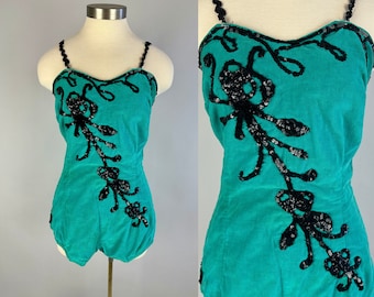 1950s Hoochie Coochie Hottie One Piece | Vintage 50s Teal Cotton Velveteen Leotard w/Black Sequins Showgirl Burlesque Costume | Medium
