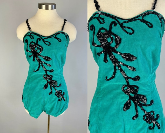 1950s Hoochie Coochie Hottie One Piece | Vintage 50s Teal Cotton Velveteen Leotard w/Black Sequins Showgirl Burlesque Costume | Medium