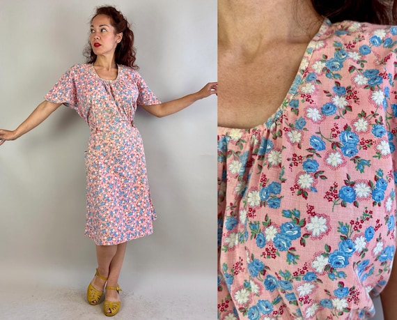 1930s Boutonniere Blossoms Frock | Vintage 30s Pink White Red and Blue Floral Cotton Farm House Dress with Capelet Sleeves | Extra Large XL