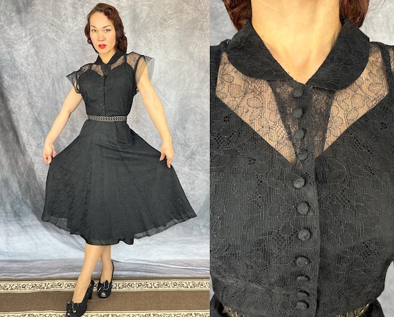 1940s Natalie in Noir Cocktail Dress | Vintage 40s Black Lace w/Built-In Rayon Slip Fit and Flare Full Skirt Femme Fatale Frock | Medium