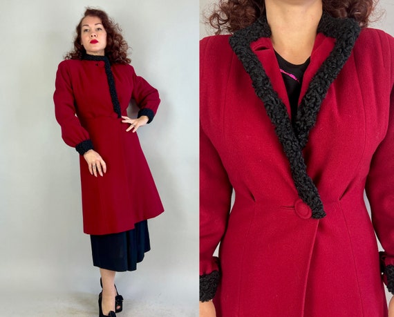 1940s Crimson Caress Coat | Vintage 40s Red Wool Fitted Overcoat with Black Curly Lamb Trim & Shoulder Pleats by "Miss Modes" | Small Medium