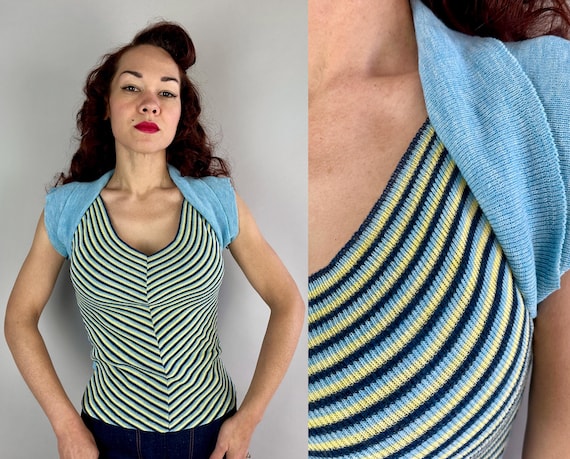 1950s Sultry Chevron Pullover | Vintage 50s Blue Yellow and Navy Striped Wool Jersey Knit Shirt Blouse w/Deep V-Neck | Extra Small XS Small
