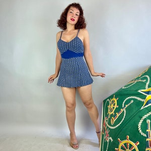 1930s Cathy's Cartwheel Bathing Suit Vintage 30s Blue & White Pinwheel Pattern Cotton Rayon Knit One Piece Skirted Swimsuit Small Medium image 6