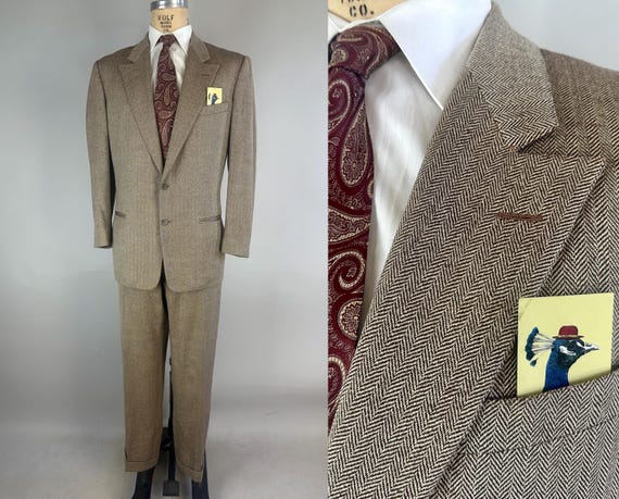 1950s Peak of Fashion Suit | Vintage 50s Single-Breasted Peak-Lapel Brown & White Herringbone Tweed Two-Piece Set | Size 42/44 Large XL