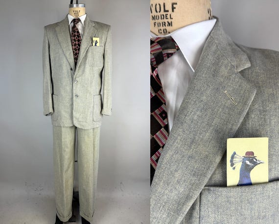 1950s Hep in Hollywood Suit | Vintage 50s Grey and Blue Heathered Wool Two Piece Blazer Jacket and Pants Set | Size 40 Medium