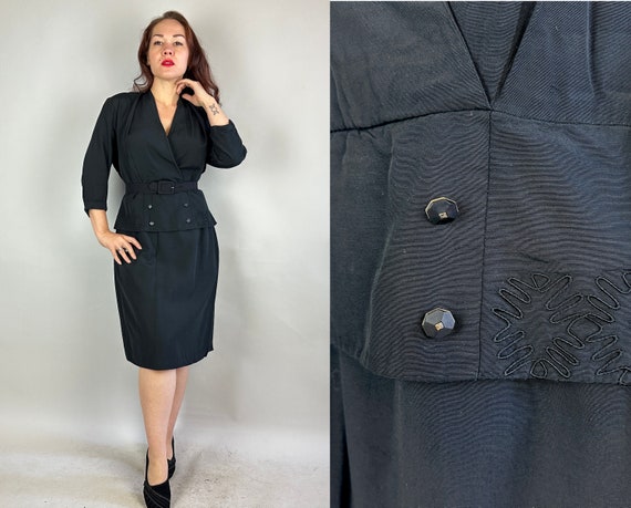 1940s Sassy Sophisticate Little Black Dress | Vintage 40s Noir Rayon Frock with Peplum Soutache & Gold Accent Buttons | Extra Large XL