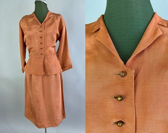 1940s All That Glitters Cocktail Suit | Vintage 40s Rose Gold Silk Dupioni Two Piece Peplum Jacket and Skirt Set Ensemble | Extra Small XS