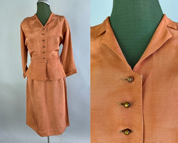 1940s All That Glitters Cocktail Suit | Vintage 40s Rose Gold Silk Dupioni Two Piece Peplum Jacket and Skirt Set Ensemble | Extra Small XS