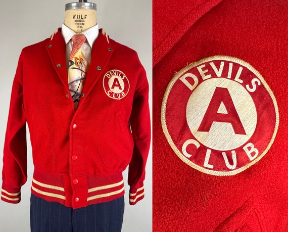 1940s Dare Devil Letterman Jacket | Vintage 40s Red and White Wool Two-Tone Snap Up Club Collegiate Coat with Striped Knit | Large