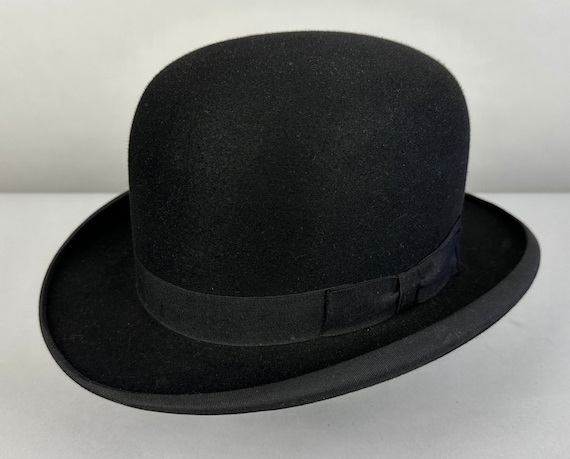 1920s Dashing Derby Hat | Vintage Antique 20s "Mallory" Noir Black Fur Felt Bowler with Grosgrain Ribbon Band | Size 7&1/4 7.25 Large