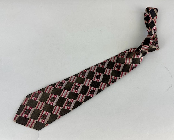 1920s How About a Game of Chess Necktie | Vintage 20 Charcoal Pink Silver and Peach Silk Self Tie Cravat with Checks Stripes and Diamonds