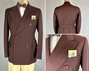 1930s Sunday Best Belted Back Blazer | Vintage 30s Dark Chestnut Brown with Red and White Windowpane Wool Belt Back Jacket | Size 38 Medium