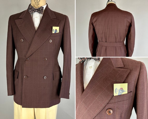 1930s Sunday Best Belted Back Blazer | Vintage 30s Dark Chestnut Brown with Red and White Windowpane Wool Belt Back Jacket | Size 38 Medium