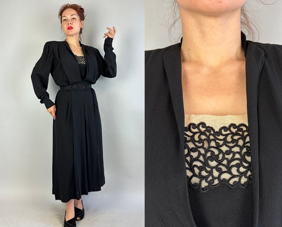 1940s Carefree Cocktail Hour Dress | Vintage 40s Black Rayon Crepe Frock LBD with Nude Illusion Lace and Padded Shoulders | Extra Large XL