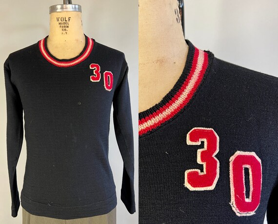 1930s Theodore's Lucky Number "30" Sweater | Vintage 30s Black Red and White Wool Knit Collegiate Pullover with Felt Year Patch | Medium