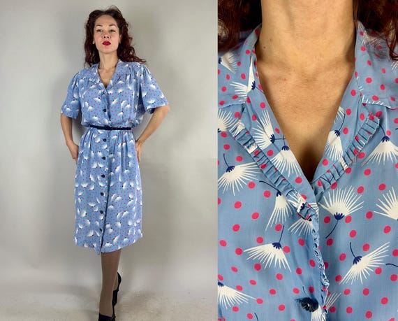1940s Dandelion Wishes Frock | Vintage 40s Volup Baby Blue w/ Cardinal Red Polka Dots Button Down Ruffle Edge Shirt Dress | Extra Large XL