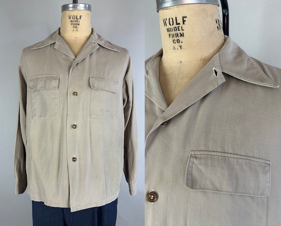 1930s Deserved Valor Shirt | Vintage 30s Dove Grey Wool Gabardine Button-Up Long-Sleeve with Spearpoint Collar | Medium Large