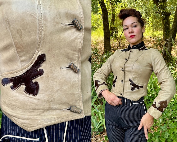 1930s Wild West Wonder Jacket | Vintage 30s Pale Taupe Leather Cropped Cossack Coat w/Brown Cow Hair Western Appliqué | Small Extra Small XS