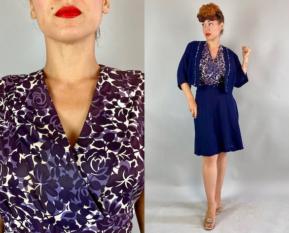 1940s Snazzy Three Piece Dress Set | Vintage 40s Floral Block Blue White + Purple Rayon Acetate Frock Bolero Jacket & Belt | Extra Large XL