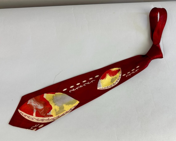 1940s Autumn All Around Necktie | Vintage 40s Crimson Rayon Satin Self Tie Cravat with Yellow Red and Grey Leaves Leaf Shapes