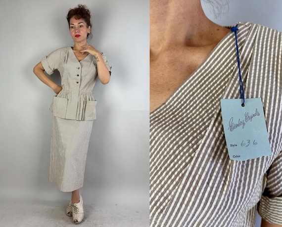 1940s Sassy Striped Skirt Set | Vintage 40s Deadstock 2-Piece Gray and White SeersuckerPeplum Top w/ Patch Pockets & Matching Skirt | Small