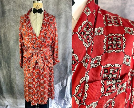 1950s Tied and True Silk Robe | Vintage 50s Brick Red Tie Print Gentlemens Smoking Jacket with Tie Belt | Small Medium