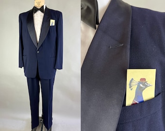 1950s Debonaire Don Tuxedo | Vintage 50s Midnight Blue Wool Tux w/Silk Satin Shawl Collar Evening Suit by"After Six"| Size 44 Extra Large XL