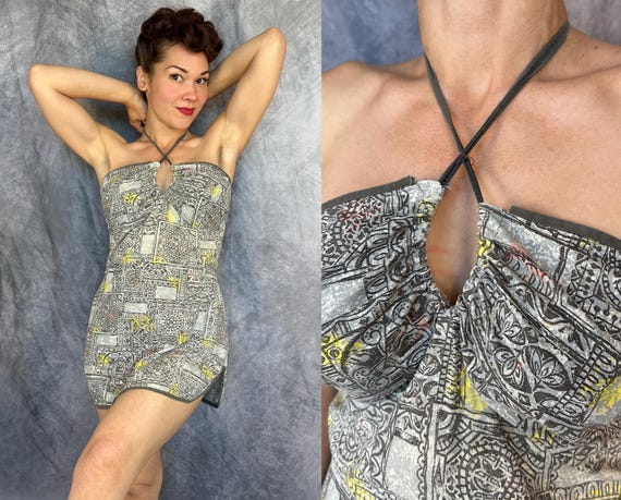 1940s Tiki Tootsie Playsuit | Vintage 40s Grey Yellow Pink Cotton Ornate Tropical Tiles Print Romper Swimsuit w/Keyhole Halter | Large