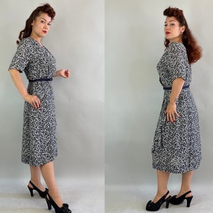 1940s Carla's Curly Q's Dress Vintage 40s Slate Blue and White Rayon Chiffon Faux Wrap Frock w/ Hip Swag & Smocking Large/Extra Large XL image 6