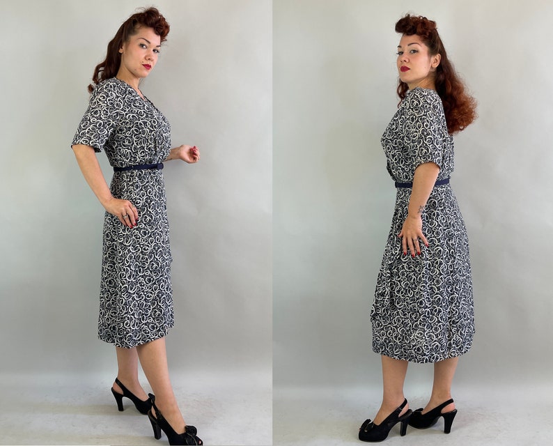 1940s Carla's Curly Q's Dress Vintage 40s Slate Blue and White Rayon Chiffon Faux Wrap Frock w/ Hip Swag & Smocking Large/Extra Large XL image 6