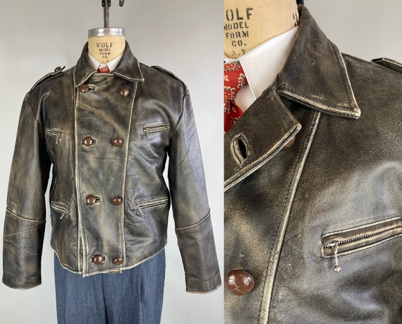 1950s Mad Max Motorcycle Jacket | Vintage 50s Iron Grey Leather Double-Breasted Button Up Moto Flight Jacket with Great Steel Zips | Large