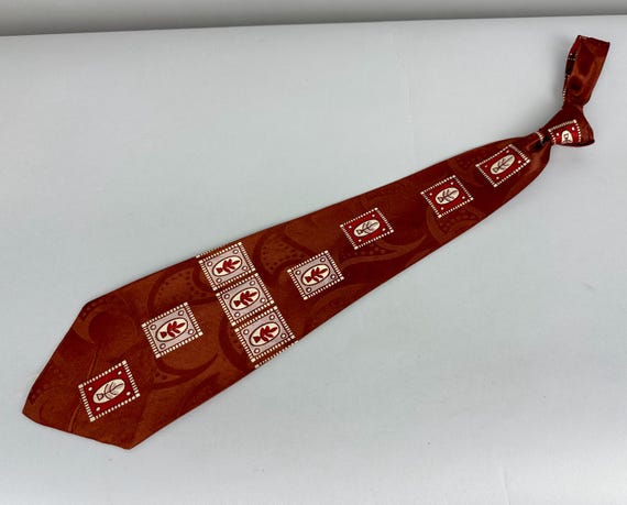 1940s Framed and Fabulous Necktie | Vintage 40s Bronze Brown Rayon Self Tie Cravat with Red Lavender and White Potted Plants Picture Frames