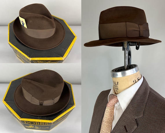 1940s Dapper Dobbs Fedora | Vintage 40s Chocolate Brown Fur Felt Hat with Silk Grosgrain Ribbon Hatband & Original Box! | Size 7 1/8 Medium