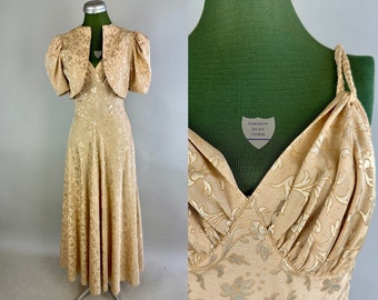 1930s Luxurious Lady Gown Set | Vintage 30s Ivory and Champagne Silk Faille Brocade Evening Dress with Puff Sleeve Bolero | Extra Small XS