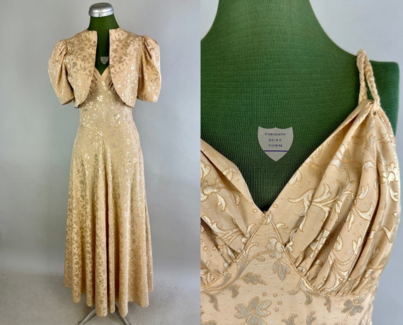 1930s Luxurious Lady Gown Set | Vintage 30s Ivory and Champagne Silk Faille Brocade Evening Dress with Puff Sleeve Bolero | Extra Small XS