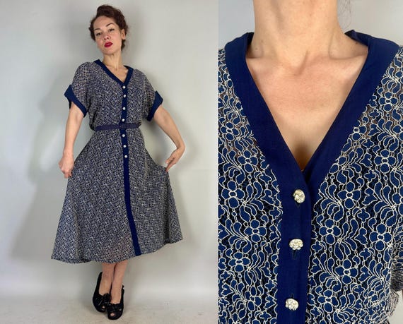 1940s My Blue Heaven Dress | Vintage 40s Indigo Floral Lace with White Piped Outlines Rhinestone Button Up Sheer Frock | Extra Large XL