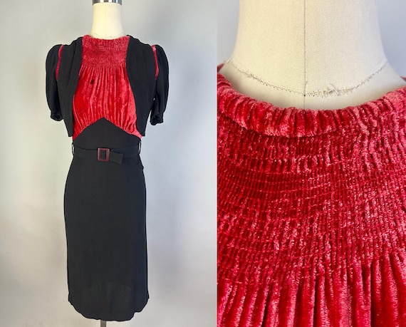 1930s Ruched in Raspberry 3-Piece Dress Set | Vintage 30s Red Silk Velvet and Black Rayon Crepe Frock w Matching Bolero and Belt | XS Small