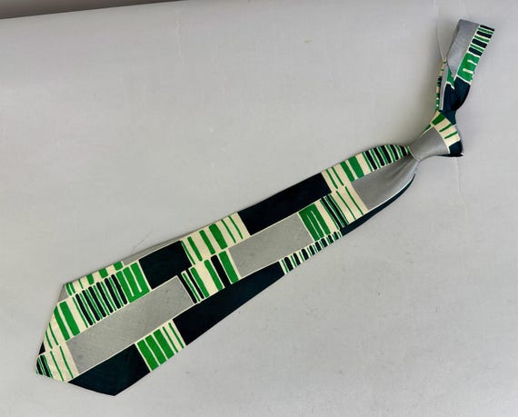 1940s Graphically Great Necktie | Vintage 40s White Silver Forest and Emerald Green Bars & Stripes Silk Self Tie Cravat