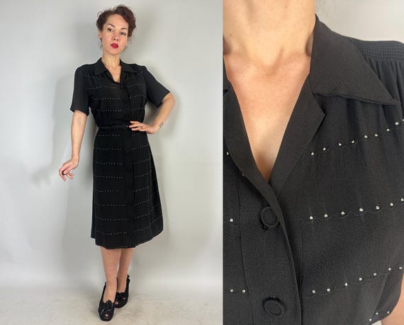 1940s Starlit Studs Dress | Vintage 40s Black Rayon Crepe Button Up LBD with Silver Studded Horizontal Scallop Stripes | Large