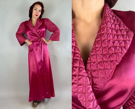 1940s Too Hot To Handle Dressing Gown | Vintage 40s Fiery Hot Pink Silk Lounging Robe with Quilted Sleeves Lapel & Pocket | Medium Large XL