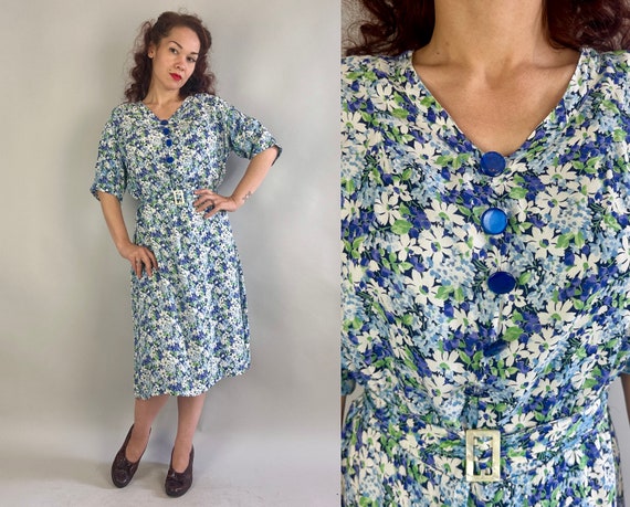 1930s Bursting Blooms Dress | Vintage 30s Blue White and Green Flower Print Rayon Floral Day Frock with Shell Buckle Belt | Extra Large XL