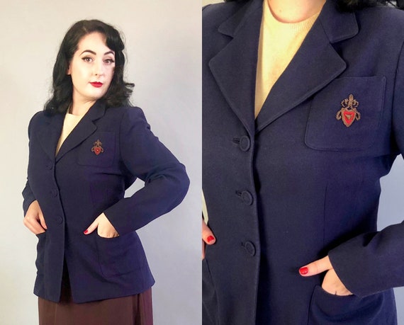 1920s 'I. Magnin' Collegiate Blazer | Vintage 20s Oxford Blue Wool Sport Coat Menswear Inspired Jacket with Gold Bullion Crest | Medium