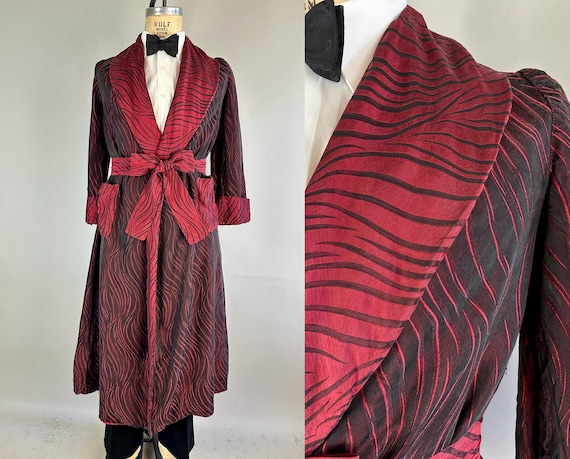 1950s Hold Me Tiger Lounge Robe | Vintage 50s Black and Red Animal Stripe Print Silk Shawl Lapel Smoking Jacket w/Sash Belt | Small