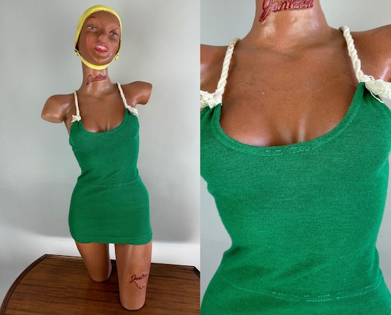 1930s Lucky Lulu Swimsuit | Vintage 30s Shamrock Green Wool Knit Bathing Suit with White Rope Straps and Low Back | Small Extra Small XS