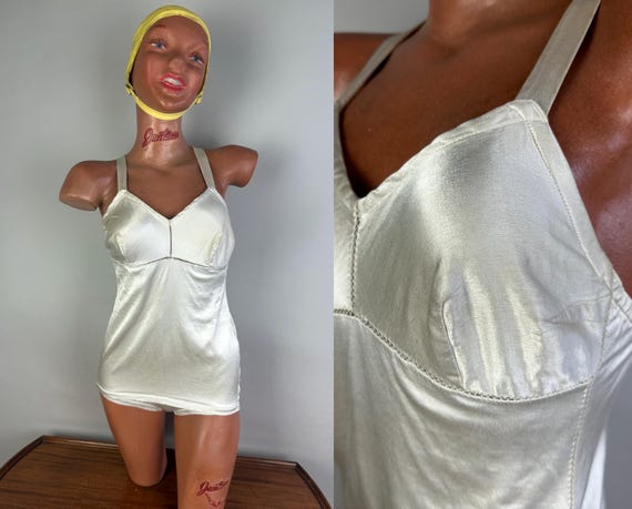 1940s Marilyn's Pristine Pearl Swimsuit | Vintage 40s Pearlescent White Rayon Satin Bathing Suit w/Low Back & Openwork Seams | Small Medium