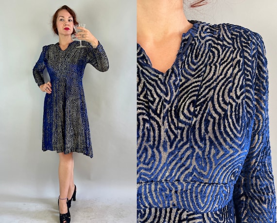 1930s Sparkling Clouds Party Dress | Vintage 30s Royal Blue Silk Velvet and Gold Lamé Deco Swirling Stripes Puff Sleeve Frock | Medium/Large
